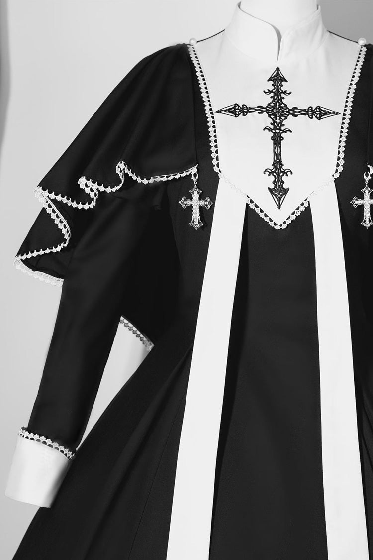 Black Monastery Long Sleeves Cross Print Gothic Lolita Dress Two-piece Set - Product - 2