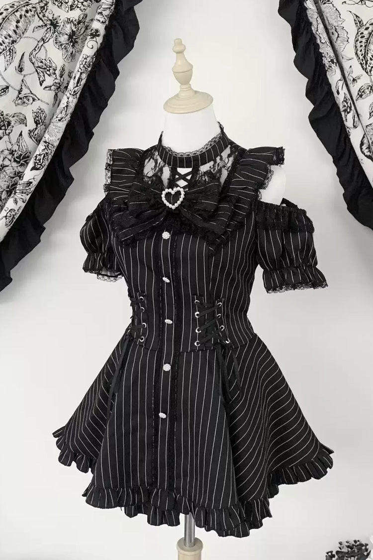 [Silver Candle Elegy”] Short Sleeves Printed Ruffled Cut-Out Bow Gothic Jirai Kei Top and Shorts Set 2 Colors - Black-Stripes - 2