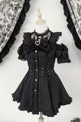 [Silver Candle Elegy”] Short Sleeves Printed Ruffled Cut-Out Bow Gothic Jirai Kei Top and Shorts Set 2 Colors - Black-Stripes - 2