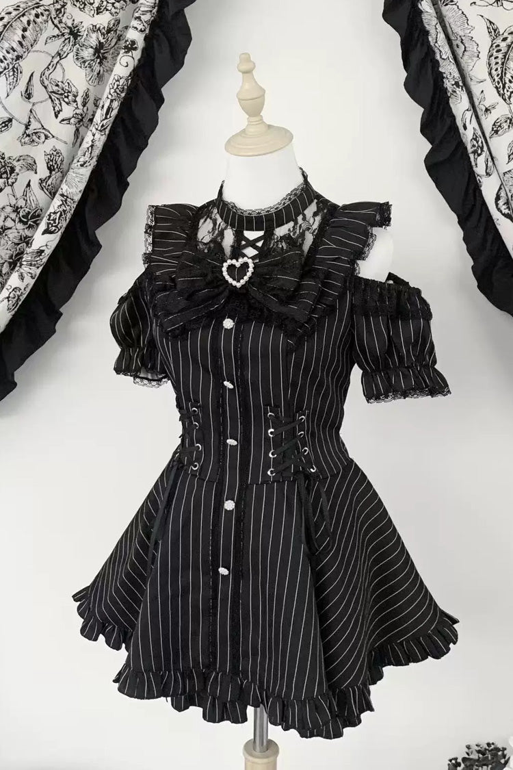 [Silver Candle Elegy”] Short Sleeves Printed Ruffled Cut-Out Bow Gothic Jirai Kei Top and Shorts Set 2 Colors - Black-Stripes - 2