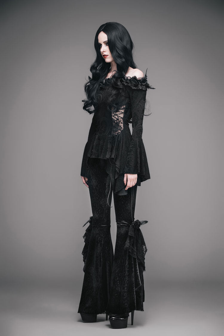 Black Knit One-Word Shoulder Rose Decoration Collar Waist Side Splice Lace Up Flare Sleeve Women's Gothic Shirt - Product - 3
