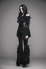 Black Knit One-Word Shoulder Rose Decoration Collar Waist Side Splice Lace Up Flare Sleeve Women's Gothic Shirt - Product - 3