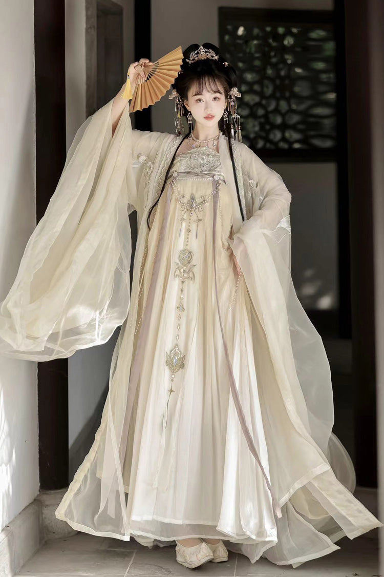 Beige Long Sleeves Embroidery Pearl Chain Sweet Tang-style Hanfu Hezi Dress Set - Beige - 1