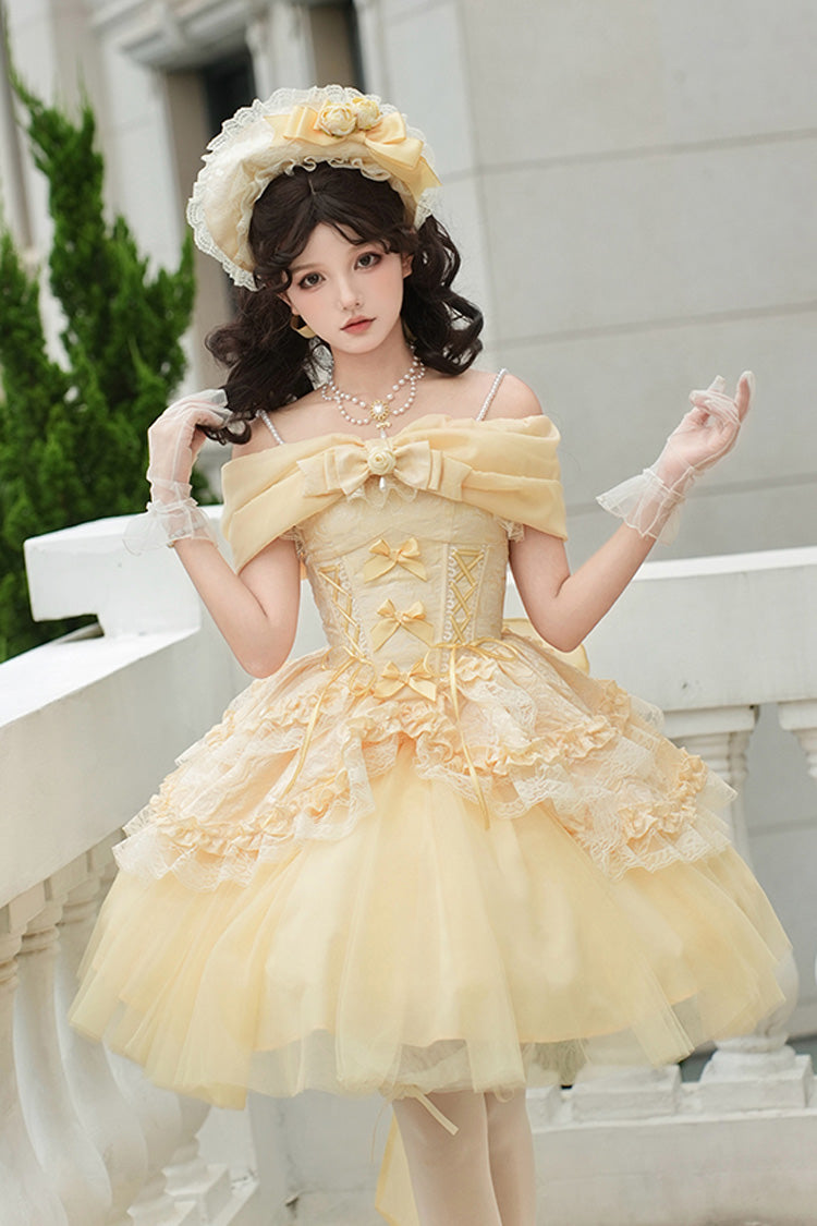 Yellow [Sissi's Pilgrimage] Off Shoulder Ruffle Bowknot Lace Sweet Lolita Skirt (Short Version) - Yellow - 1