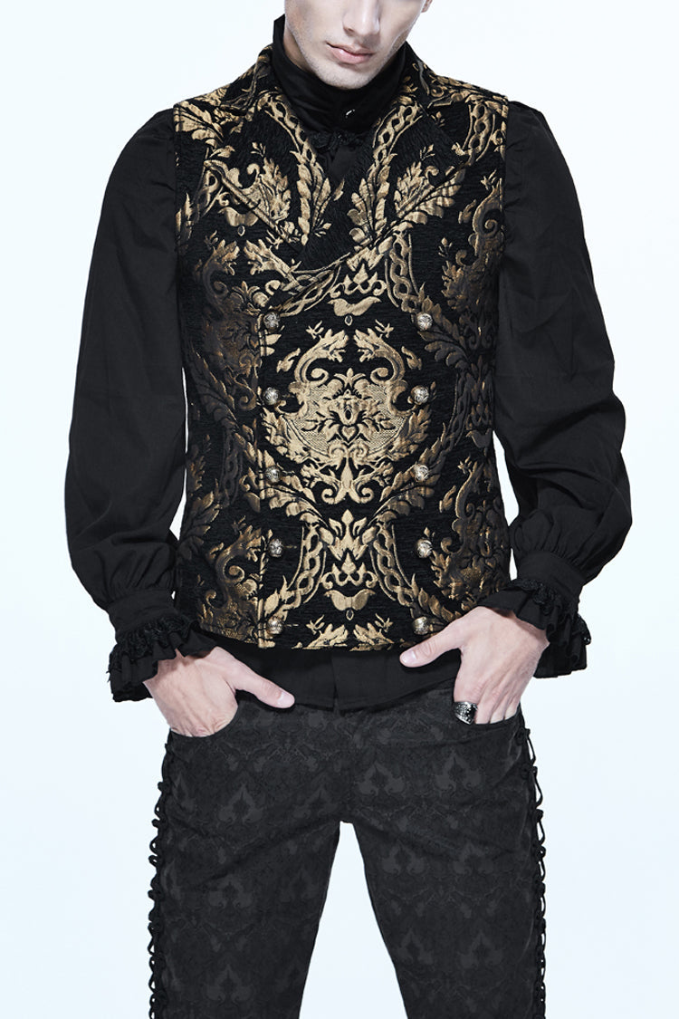 Black/Gold Short Big Jacquard Pattern Men's Gothic Waistcoat - Black/Gold - 1