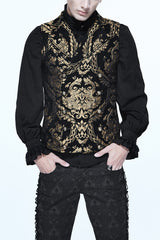 Black/Gold Short Big Jacquard Pattern Men's Gothic Waistcoat - Black/Gold - 1