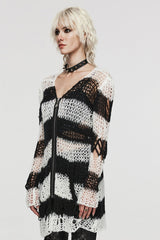Long Sleeves Striped Print Zipper Irregular Ripped Women's Steampunk Sweater 4 Colors - Product - 2