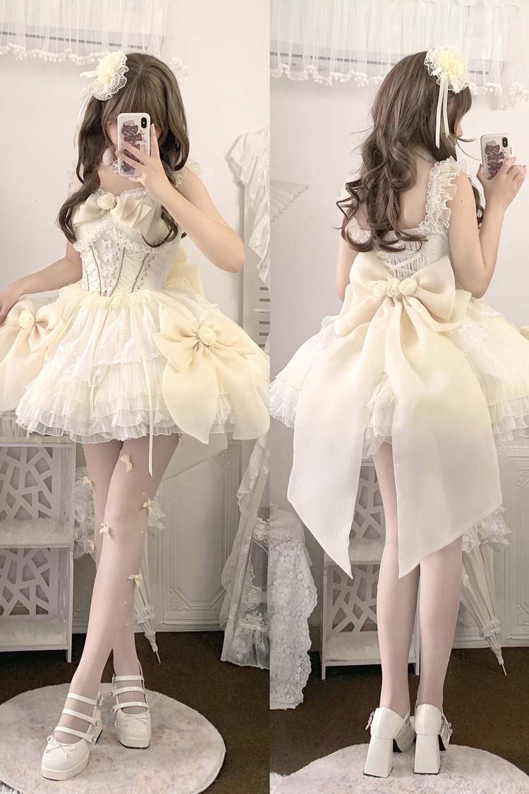 Beige Multi-layer Ruffle Hanayome Bowknot Lace-Up Sweet Princess Lolita Jsk Dress - Product - 4