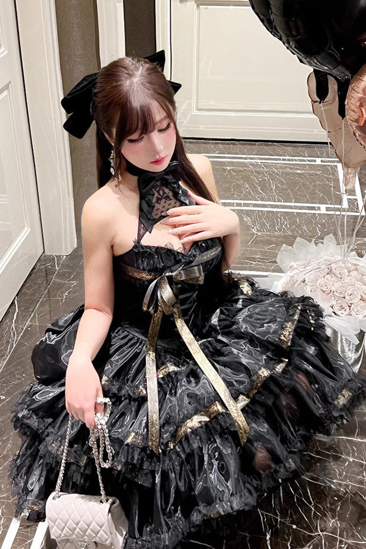 Black [First Kiss] Halterneck Triple-Layered Ruffle Lace Hot Stamping Gothic Princess Lolita Dress - Product - 7