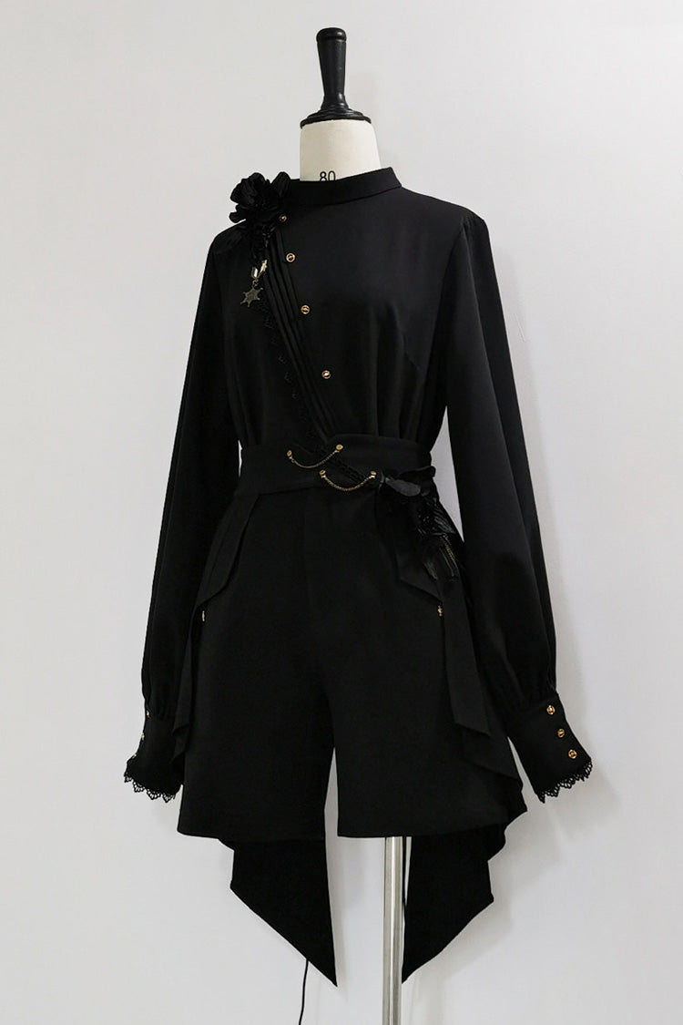 Black [Will of the Rose] Round Collar Long Sleeves Asymmetric Gothic Vintage Elegant Knight Prince Ouji Lolita Blouse Shorts Set - Product - 3