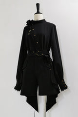 Black [Will of the Rose] Round Collar Long Sleeves Asymmetric Gothic Vintage Elegant Knight Prince Ouji Lolita Blouse Shorts Set - Product - 3