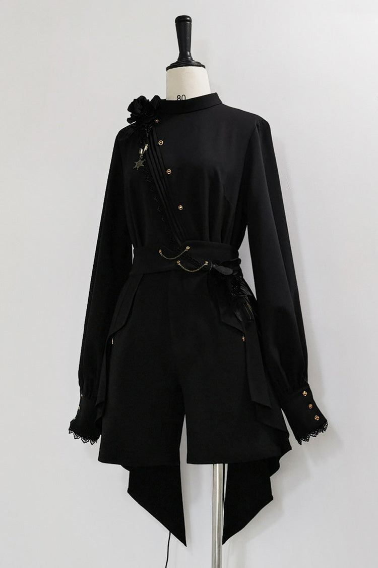 Black [Will of the Rose] Round Collar Long Sleeves Asymmetric Gothic Vintage Elegant Knight Prince Ouji Lolita Blouse Shorts Set - Product - 3