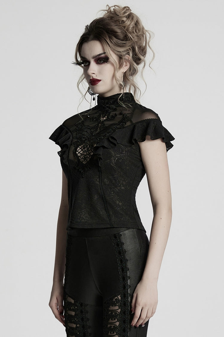 Black Stand Collar Short Sleeves Ruffle Hollow Embroidery Lace Sheer Women's Gothic Blouse - Product - 2