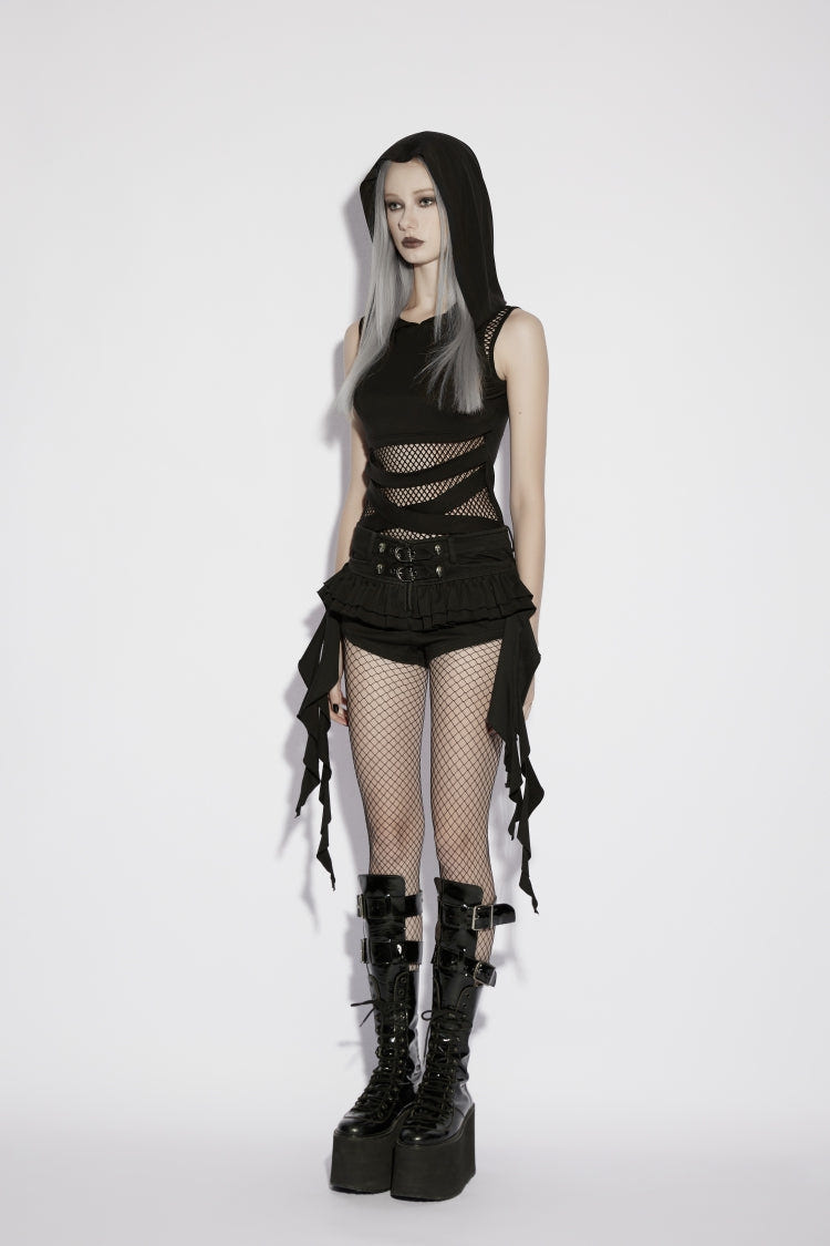 Black Sleeveless Spliced Slim Mesh Eyelet Women's Punk Cool Hooded Vest - Product - 3