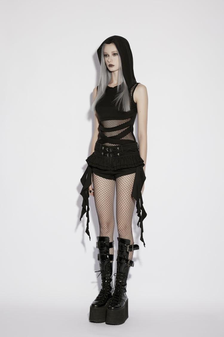Black Sleeveless Spliced Slim Mesh Eyelet Women's Punk Cool Hooded Vest - Product - 3