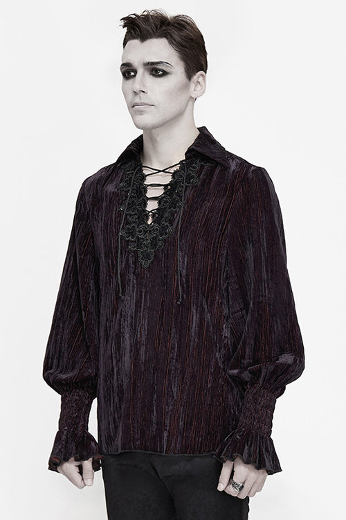 Black And Red Velvet Lantern Sleeves Loose Mens Gothic Blouse - Product - 2