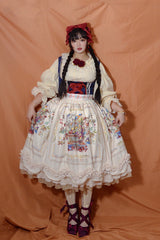Ivory [Ode to Plenty] Berries and Birds Print Ruffle Bowknot Velvet Classic Lolita Breast Support Jsk Dress - Product - 8