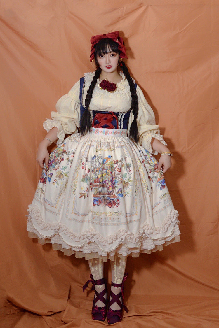 Ivory [Ode to Plenty] Berries and Birds Print Ruffle Bowknot Velvet Classic Lolita Breast Support Jsk Dress - Product - 8