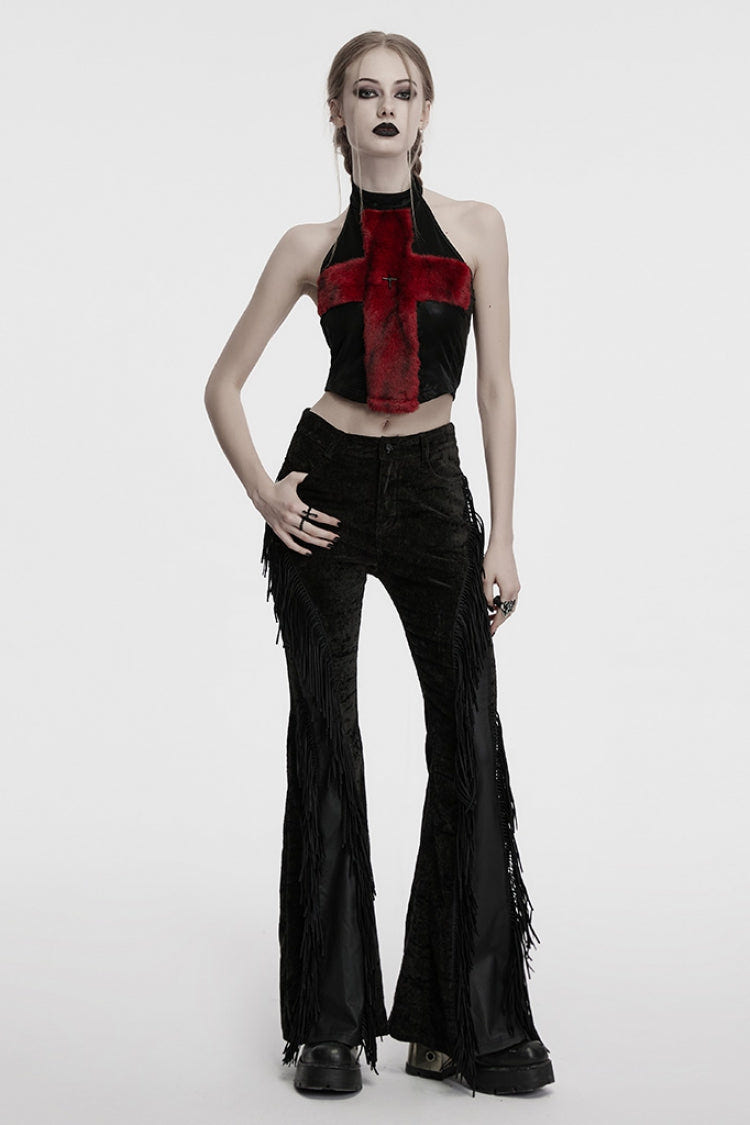 Black/Red Halterneck Sleeveless Cross Faux Fur Stitching Women's Punk Vest - Product - 4