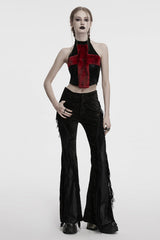 Black/Red Halterneck Sleeveless Cross Faux Fur Stitching Women's Punk Vest - Product - 4