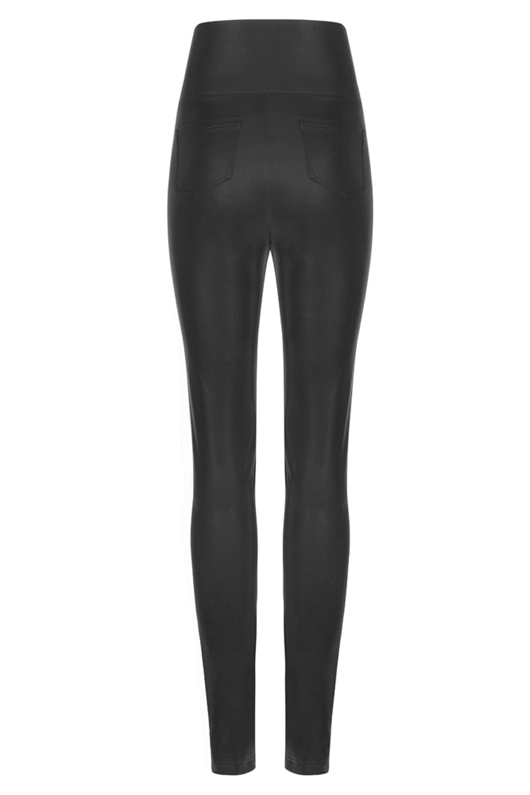 Black Bat Embroidered Waist Elastic Fine-Grained Fluff Metal Zipper Design Tight Women's Punk Leather Pants - Product - 7