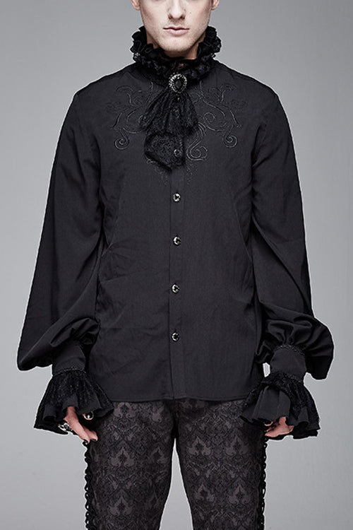 Black Chiffon Embroidered Long Sleeves Mens Gothic Blouse - Black - 1