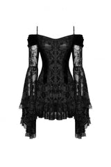 Black Off Shoulder Long Trumpet Sleeves Velvet Spliced Mesh Women's Gothic Graduation Dress - Product - 3