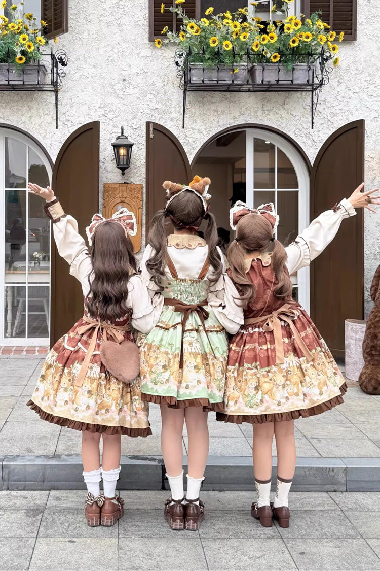 Green [Squirrel Chocolate Shop] Doll Collar Long Sleeves Printed Ruffled Bow Sweet Lolita Dress - Product - 4