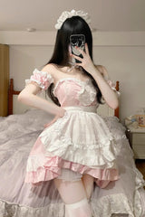 Pink Maid Off Shoulder Ruffle Plus Size Sweet Lolita Dress - Pink - 1