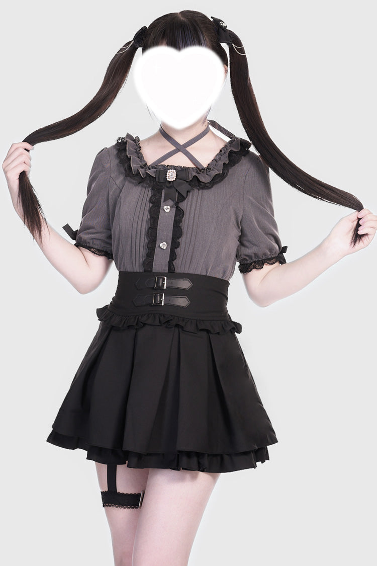 Black Leather Buckle Leg Ring Double-Layered Ruffle Sweet Jirai Kei Japanese Skirt - Product - 3