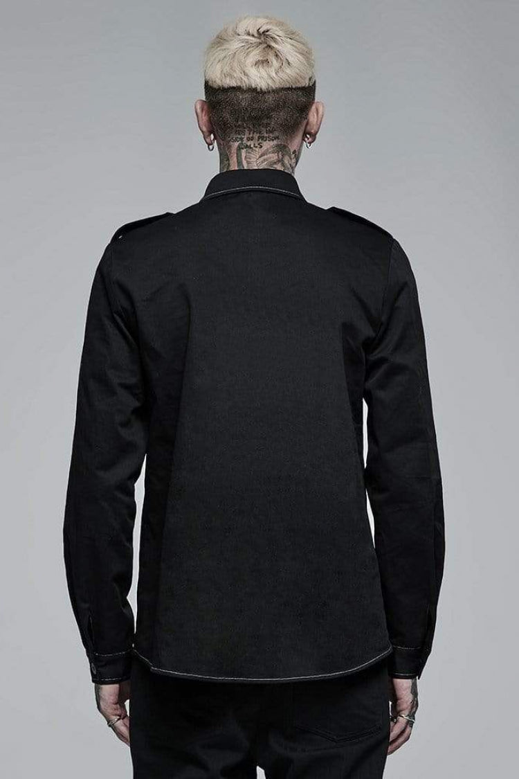 Black Lapel Collar Long Sleeves Skull Print Embroidery Mens Steampunk Blouse - Product - 3