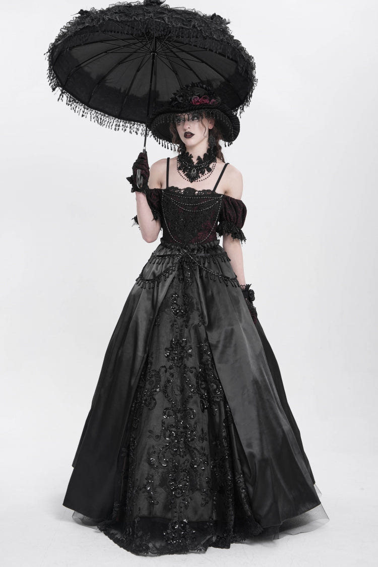 Black Off Shoulder Short Sleeves Jacquard Cardigan Stitching Lace Women's Gothic Dress - Product - 10