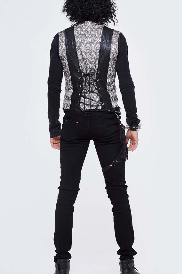 Silver Back Lace Up Jacquard Splice Chest Loop Men's Punk Waistcoat - Product - 8