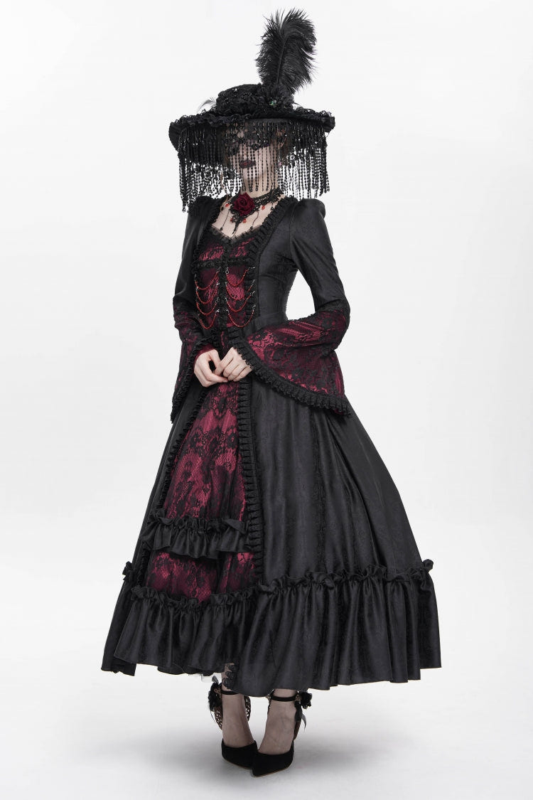Red Long Sleeves Floral Embroidery Lace-Up Pleated Women's Gothic Dress - Product - 8