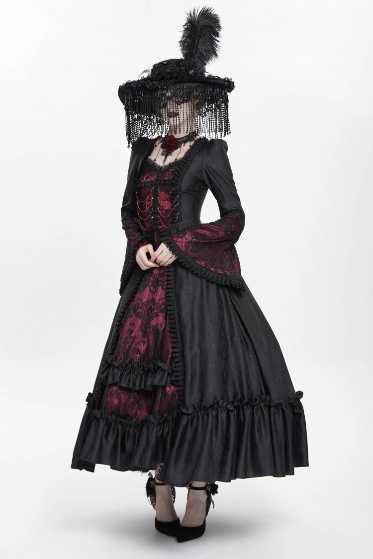 Red Long Sleeves Floral Embroidery Lace-Up Pleated Women's Gothic Dress - Product - 8