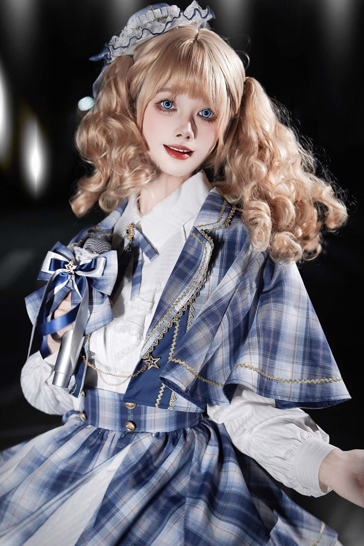 Blue [Little Starlight Idol] Lapel Collar Long Sleeves Double-Layered Printed Ruffled Bow Sweet Japanese Lolita Skirt Set - Product - 14