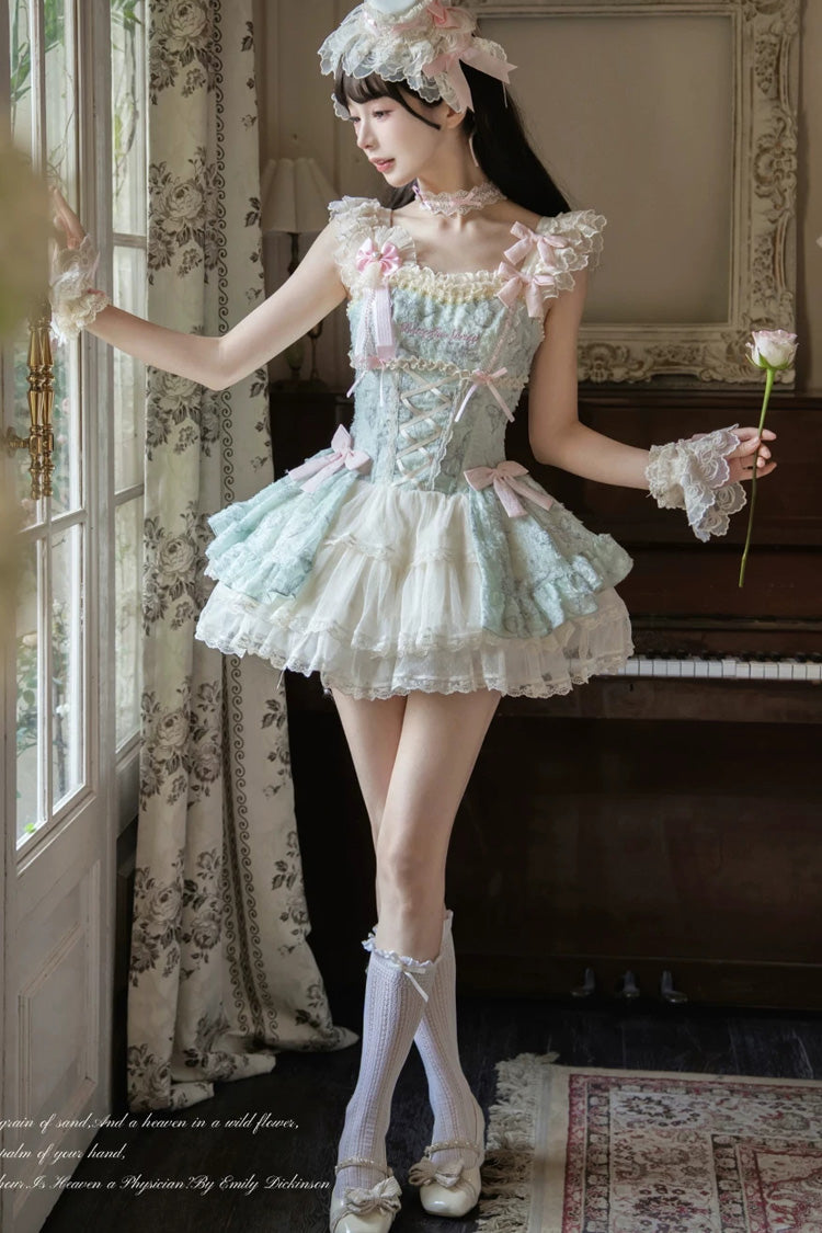 [Summer Butterfly] Square Collar Flutter Sleeves Multi-Layered Printed Ruffled Bow Lace Sweet Lolita Jsk Dress 5 Colors (Blue, Pink, Purple, Green, Beige) - Green - 9
