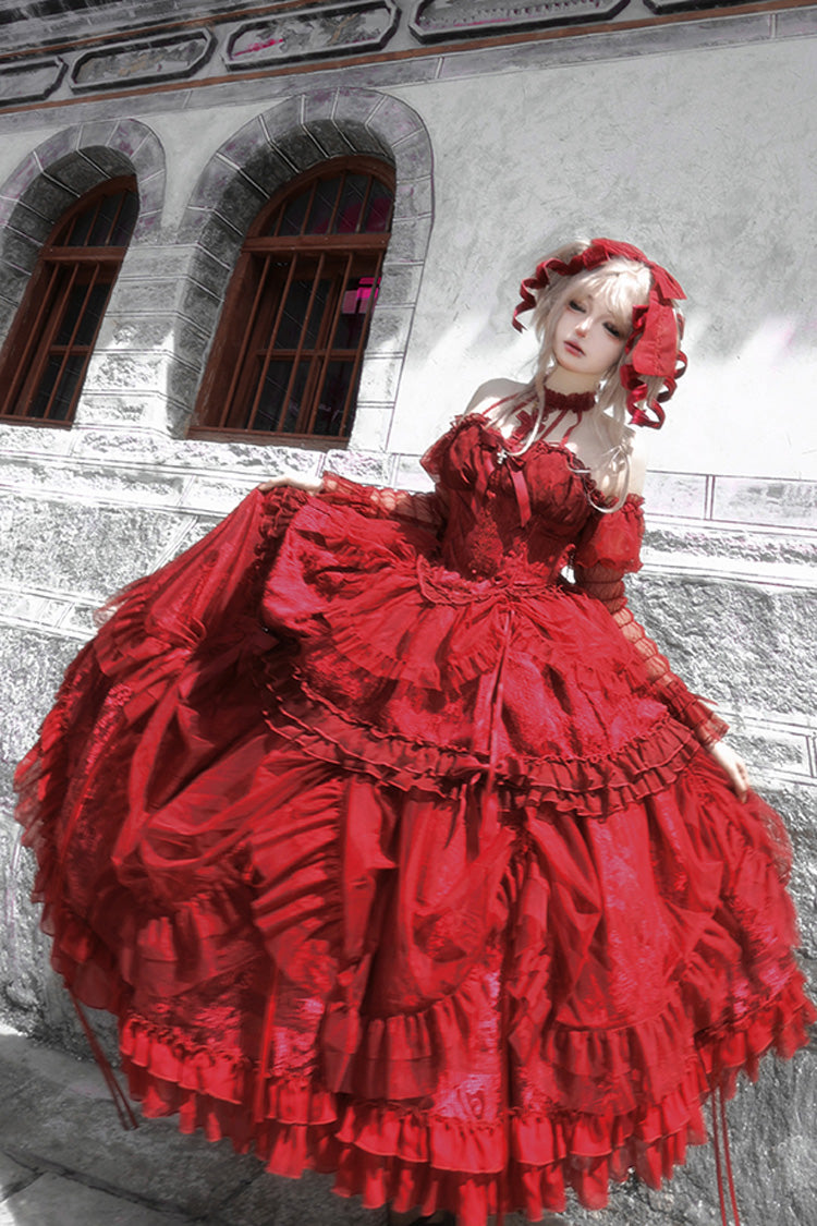 Wine Red Cross Halterneck Ruffle Bowknot Lace Lace-Up Princess Gothic Lolita Dress - Product - 2