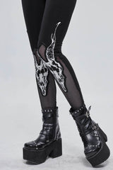 Black Gothic Stretch Knitted Fabric Spliced Mesh Devil Sheep Head Pattern Printing Women's Leggings - Product - 3