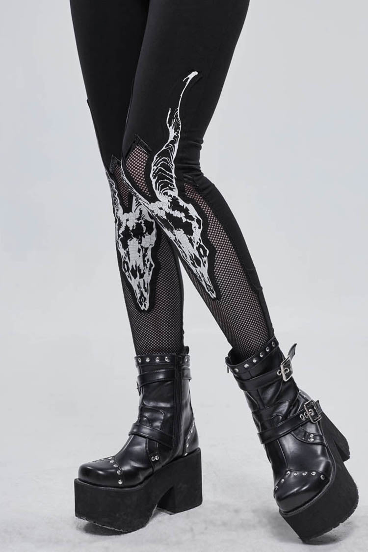 Black Gothic Stretch Knitted Fabric Spliced Mesh Devil Sheep Head Pattern Printing Women's Leggings - Product - 3