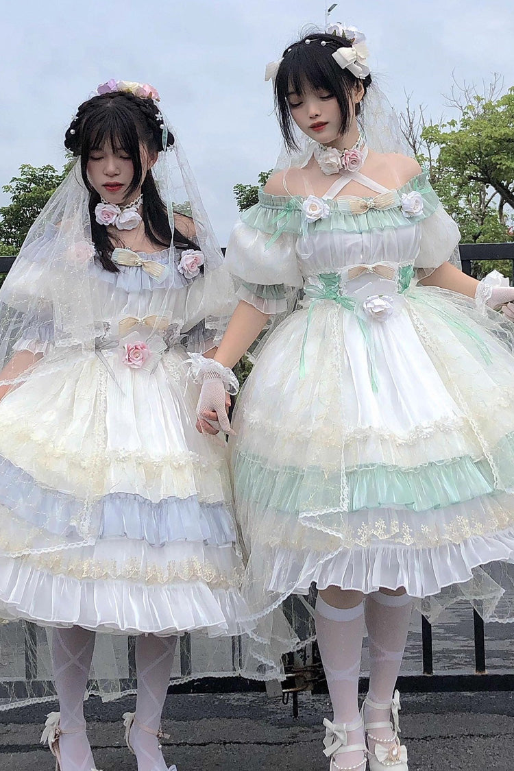 Green [Spring of Boliya] Long Sleeves Multi-Layered Ruffle Bowknot Lace Lace-Up Sweet Princess Lolita Dress - Product - 17