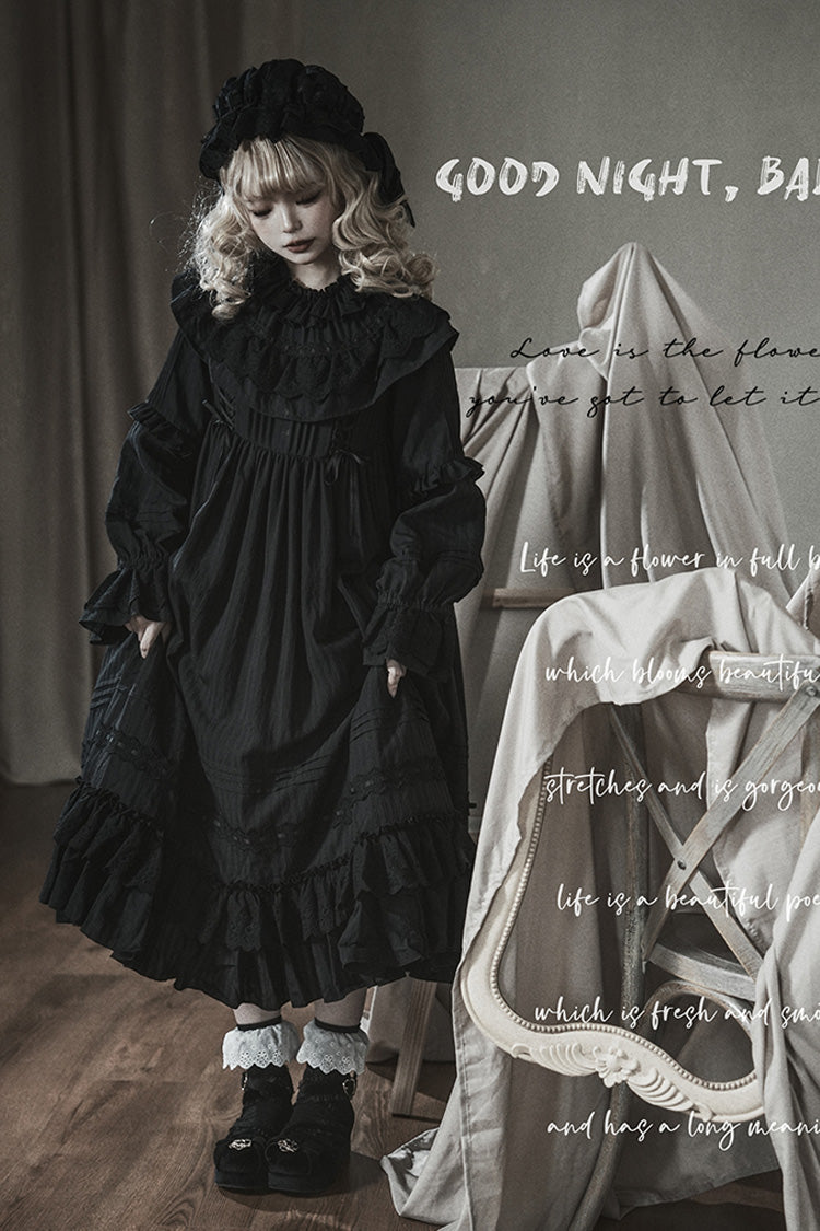 Black [Good Night] Long Sleeves Double-Layered Ruffle Bowknot Lace-Up Holy Gothic Lolita Dress - Product - 3