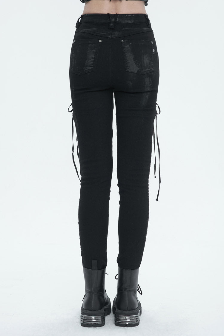Black Stretch Twill Paneled Mesh Perforated Women's Punk Trousers - Product - 5