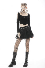 Black Long Sleeves Irregular Strappy Bat Women's Punk Crop Top - Product - 9