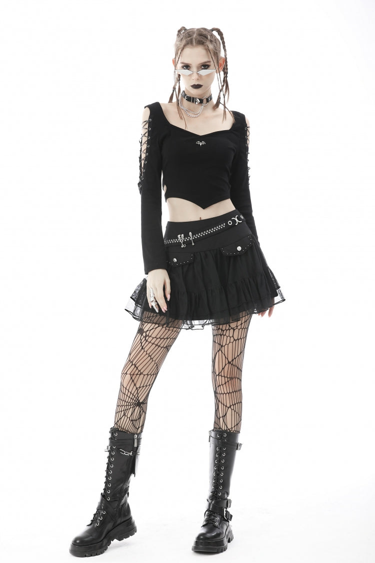 Black Long Sleeves Irregular Strappy Bat Women's Punk Crop Top - Product - 9