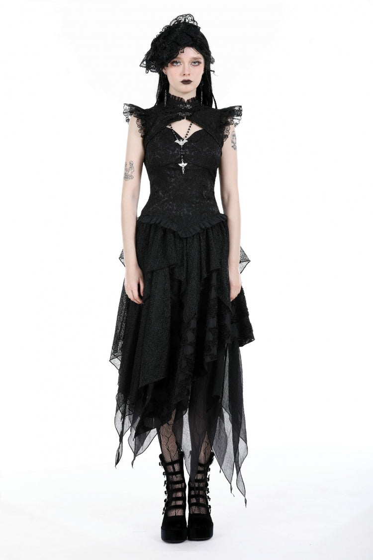 Black Women's Gothic Punk Multi-Layered Irregular Handkerchief Hem Lace Skirt - Product - 5