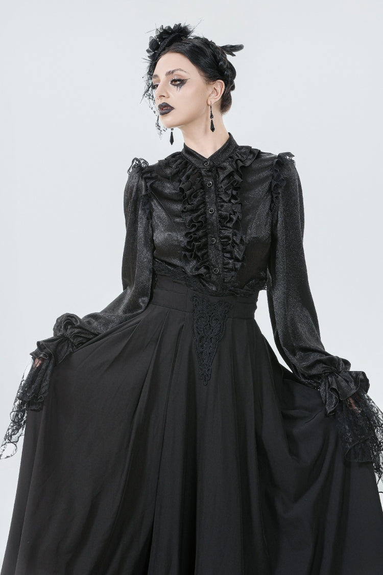 Black Embroidered Lace Trim Pleated Women's Gothic Maxi Skirt - Product - 5