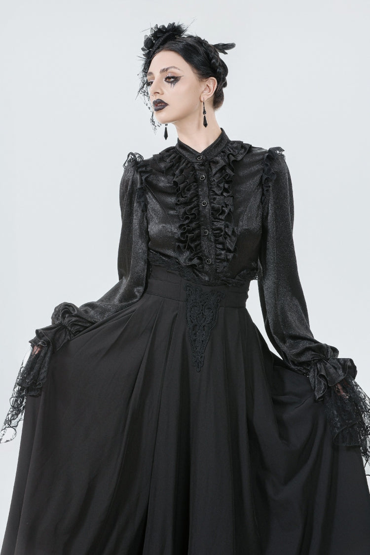Black Embroidered Lace Trim Pleated Women's Gothic Maxi Skirt - Product - 5