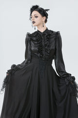 Black Embroidered Lace Trim Pleated Women's Gothic Maxi Skirt - Product - 5