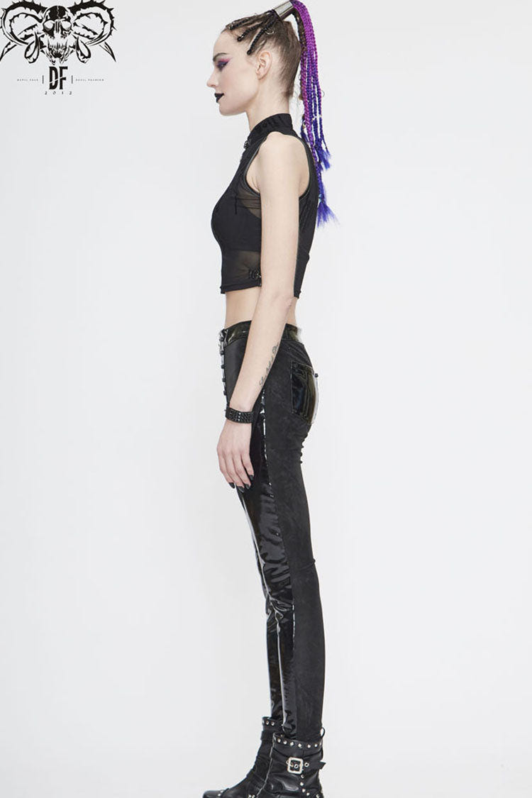 Black Stand Up Collar Sleeveless Flocked Printed Mesh Metal Women's Punk Vest - Product - 10